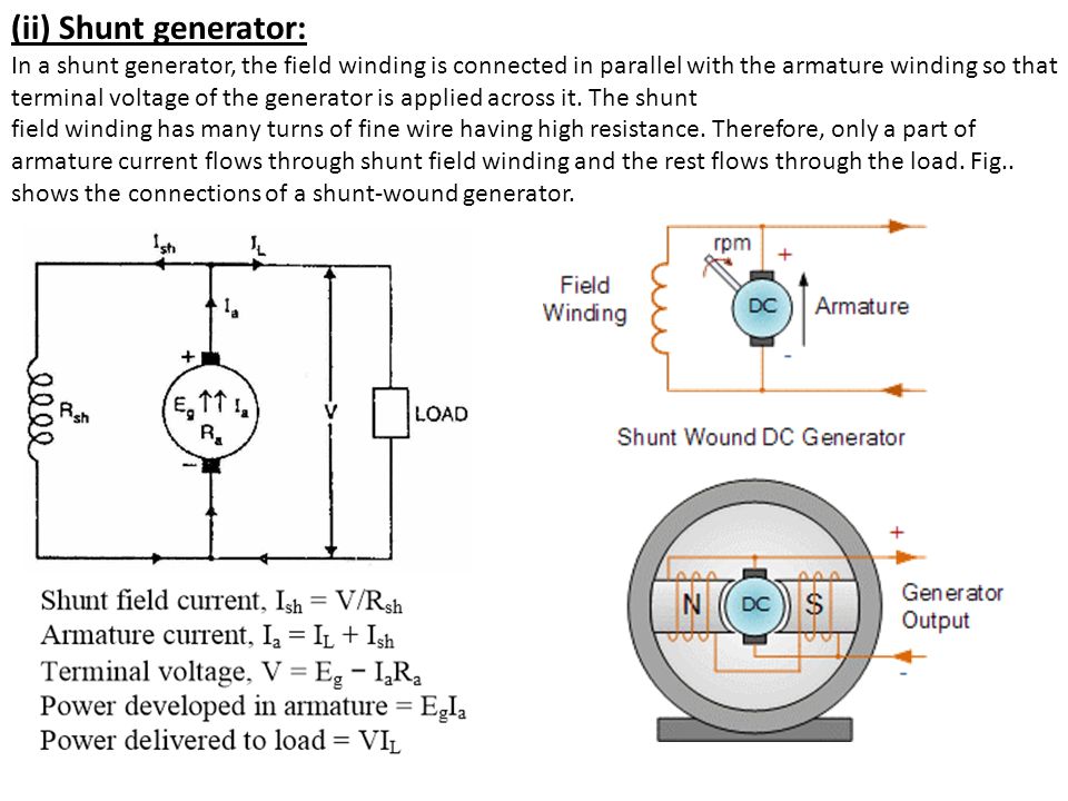 (ii) Shunt generator: In a shunt generator, the field winding is connected in parallel with the armature winding so that terminal voltage of the generator is applied across it.