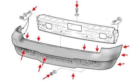 the scheme of fastening the rear bumper of Chevrolet Niva