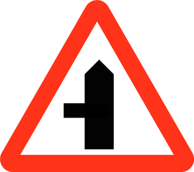 Traffic sign of Bangladesh: Warning for a crossroad with a side road on the left